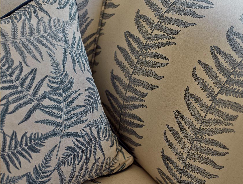 Spill Resitant Frond Stripe Large 2 Storm and Frond All Over Storm fabric detail